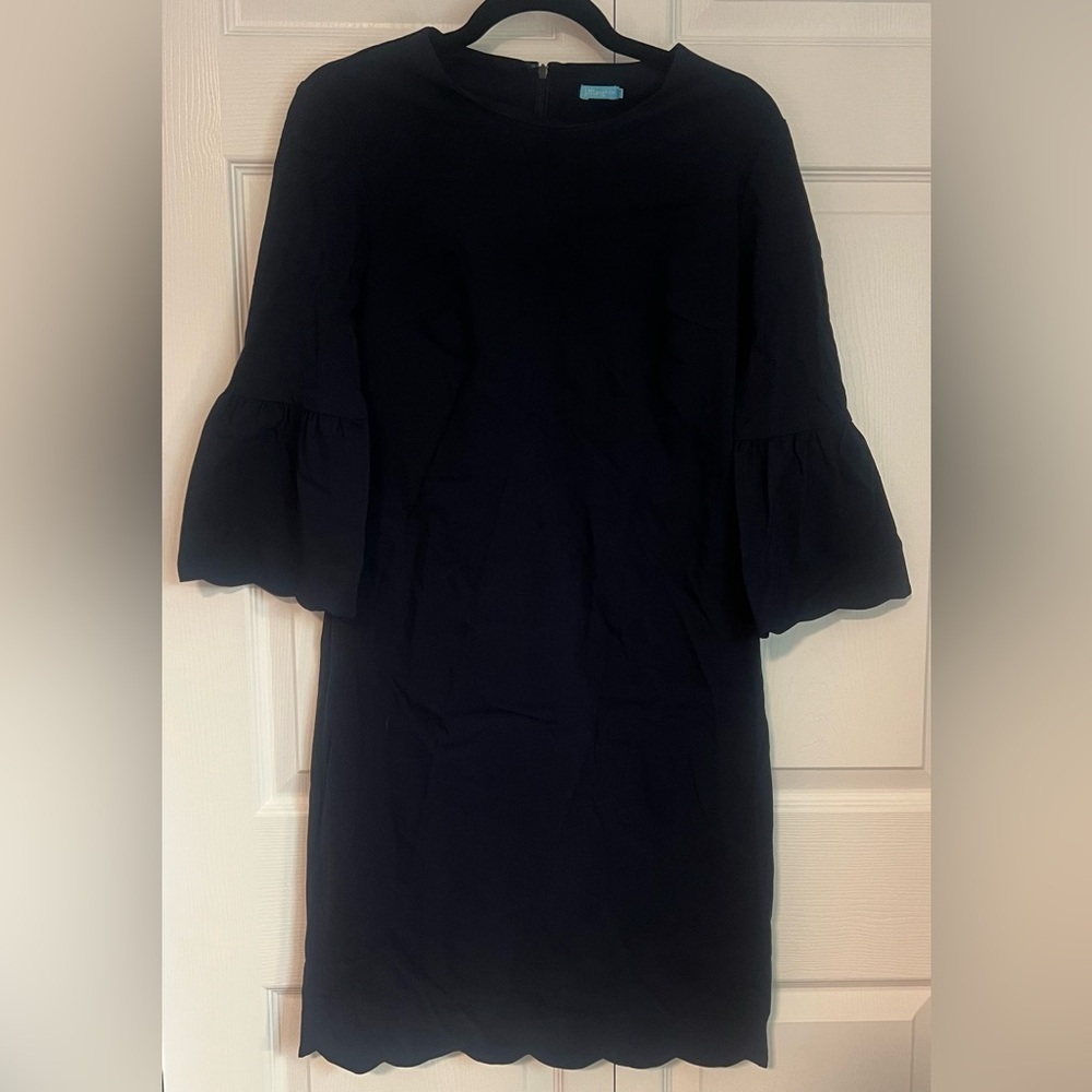 J. McLaughlin "Elle" Scalloped Hem 3/4 Bell Sleeve Dress in Navy Blue